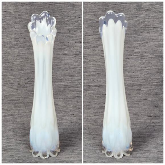 Vintage Fostoria Bud Vase Swung Art Glass 6.5" Whtie Opalescent Ruffled Ribbed - Picture 8 of 9